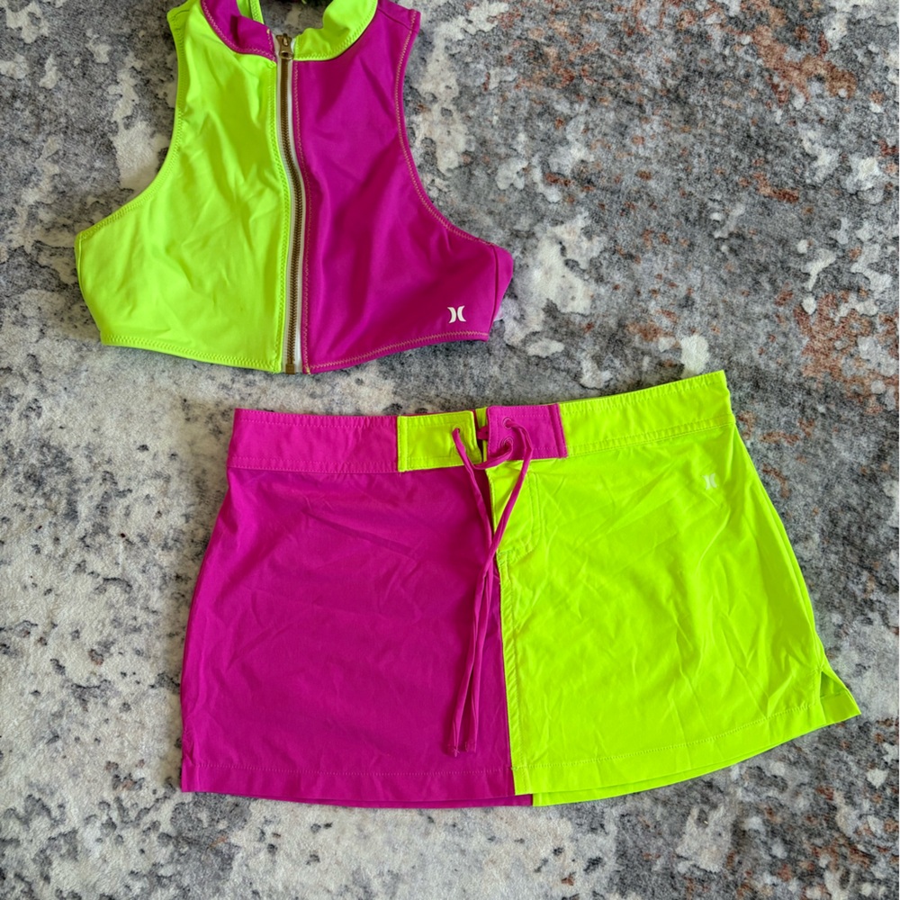 LoveShackFancy Pink and Neon Green Swim Set